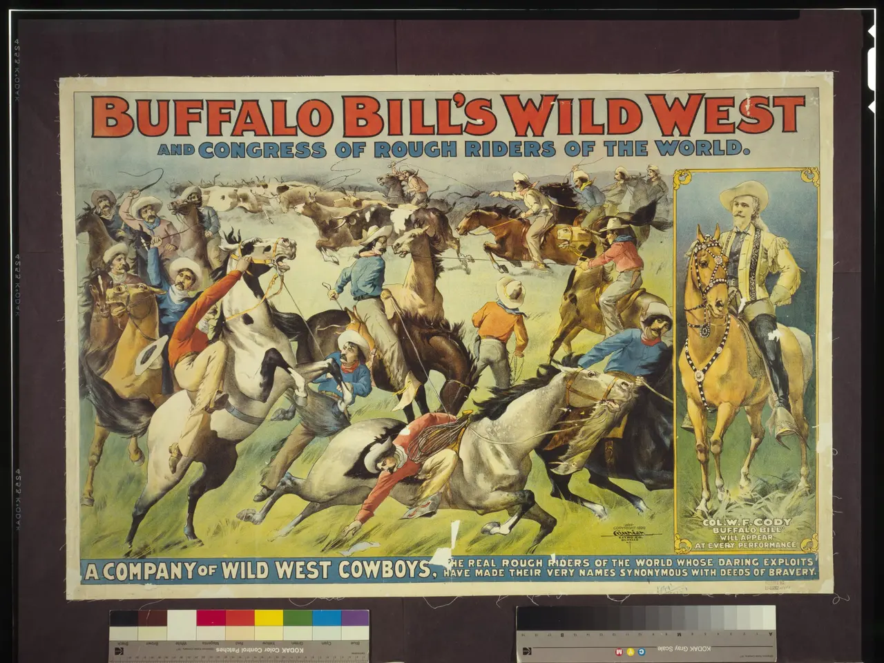 L'immagine mostra un manifesto che ritrae lo spettacolo del selvaggio west di Buffalo Bill e il...