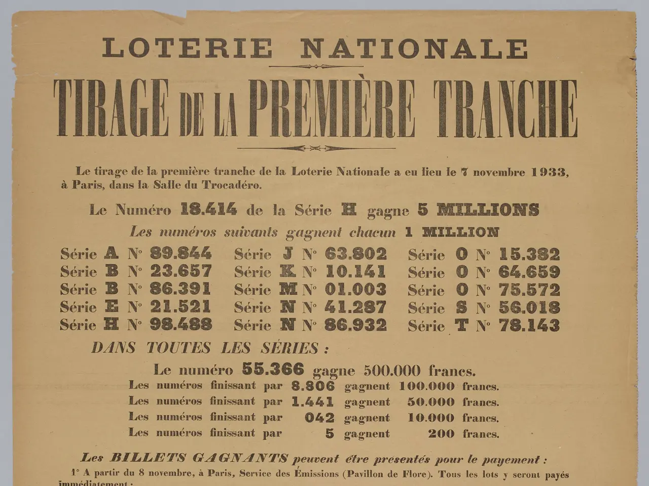 L'immagine mostra un pezzo di carta con il testo "Loterie Nationale Tirage de la Première Tranche"...