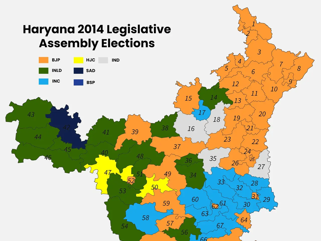 L'immagine mostra una mappa dello stato dell'Haryana nel 2014, con colori diversi che rappresentano...