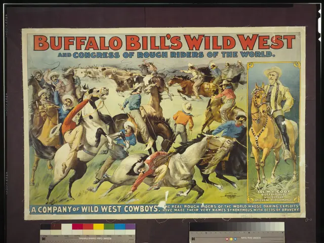 L'immagine mostra un manifesto che ritrae lo spettacolo del selvaggio west di Buffalo Bill e il...