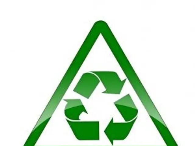 L'immagine mostra un triangolo verde su sfondo bianco con un simbolo di riciclo verde al centro. Il...