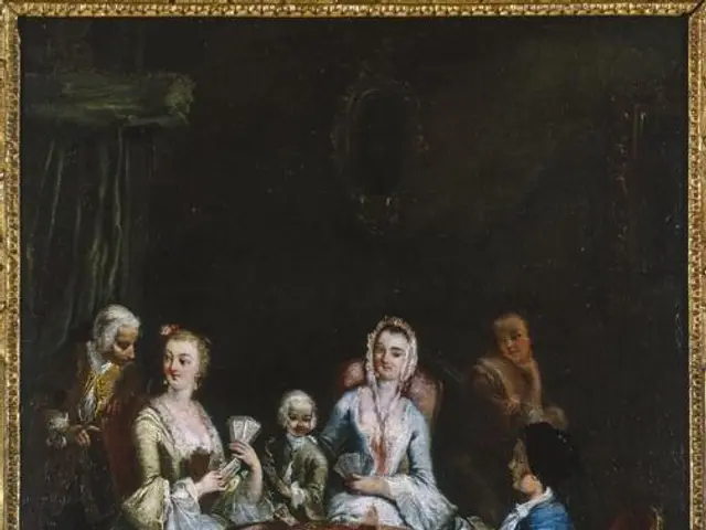 L'immagine mostra un dipinto di una famiglia che gioca a carte in una stanza, con un tavolo al...