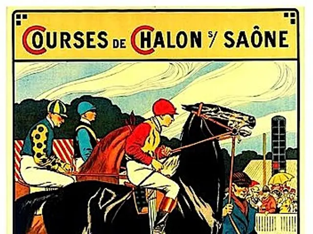 L'immagine mostra un manifesto che pubblicizza una corsa di cavalli con fantini a cavallo...