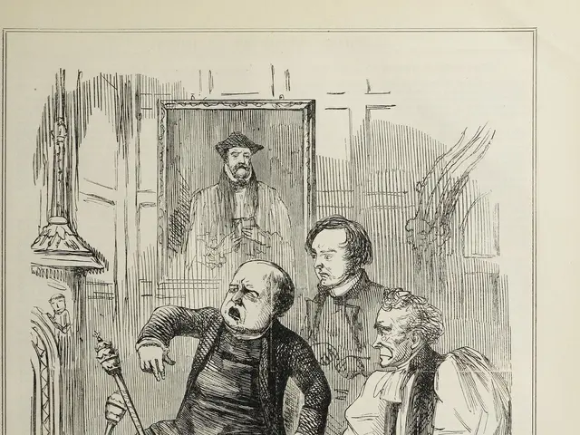 L'immagine mostra un foglio con un disegno di tre persone, una delle quali tiene un bastone, con le...