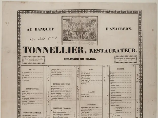 L'immagine mostra un vecchio libro con un menu per un ristorante. La carta ha del testo e...