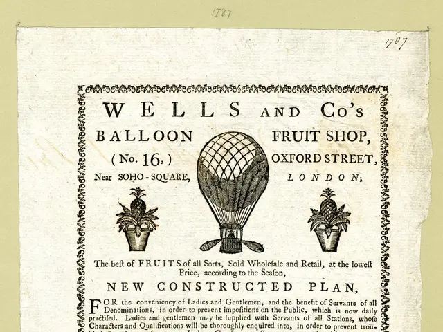 L'immagine mostra una vecchia pubblicità per Wells e Co's Balloon Fruit Shop su Oxford Street,...