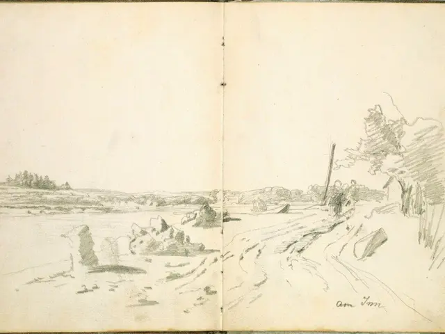 L'immagine mostra un libro aperto con un disegno di una scena di spiaggia. Il disegno ritrae una...