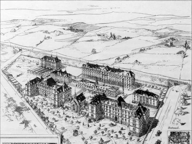 L'immagine mostra una vecchia mappa di una città con molti edifici, alberi e testo. Gli edifici...
