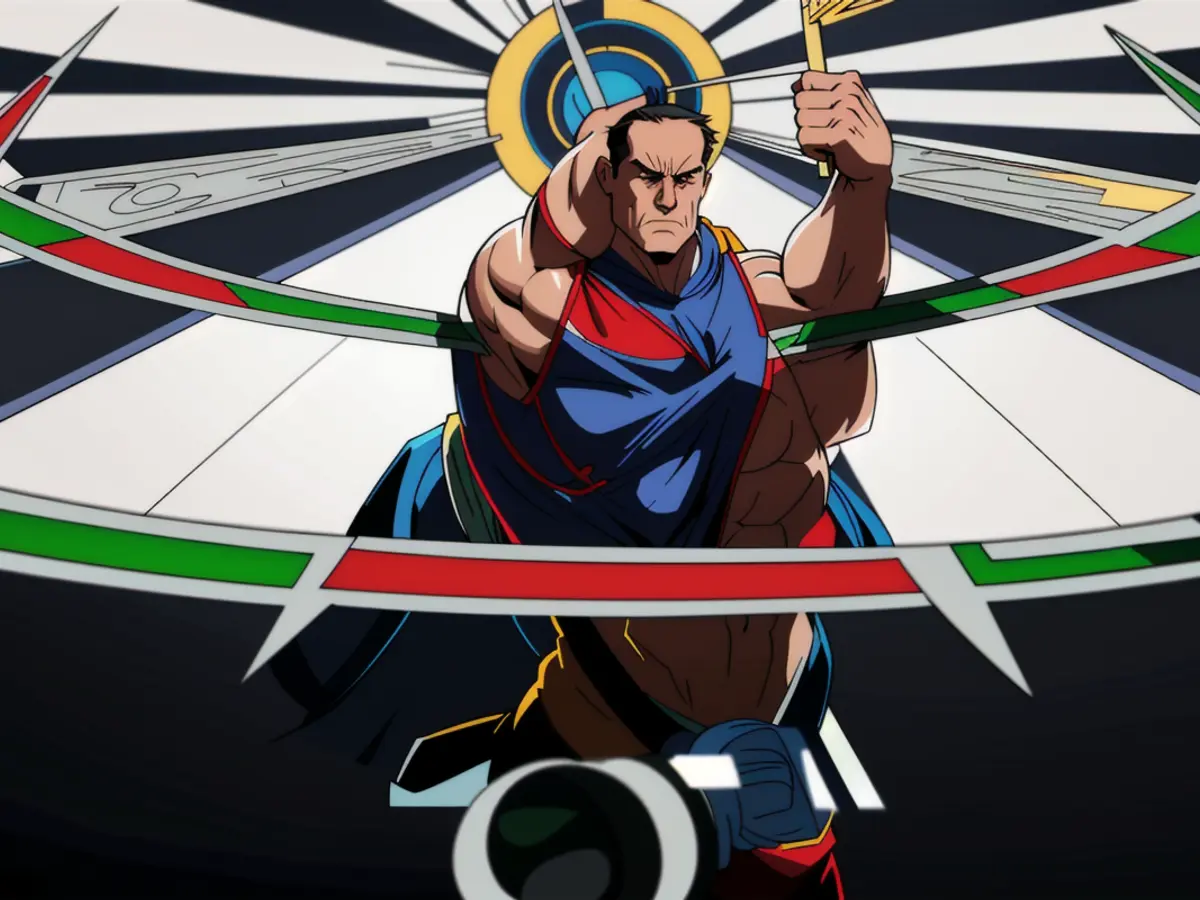 Sto lanciando un proiettile composto da tre oggetti simili a frecce. Per l'occasione iniziale, sei frecciaioli tedeschi partecipano al Campionato Mondiale di Freccette.