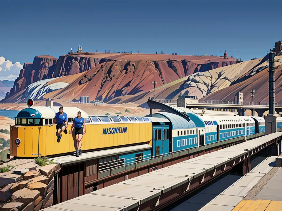 Una locomotiva diesel-elettrica del 1963, chiamata Engine 844 e precedentemente donata dall'Union Pacific nel 1993, attraversa un ponte recentemente costruito tra il 2018 e il 2019 per revitalizzare il servizio ferroviario che collega Henderson, Nev., e Boulder City.