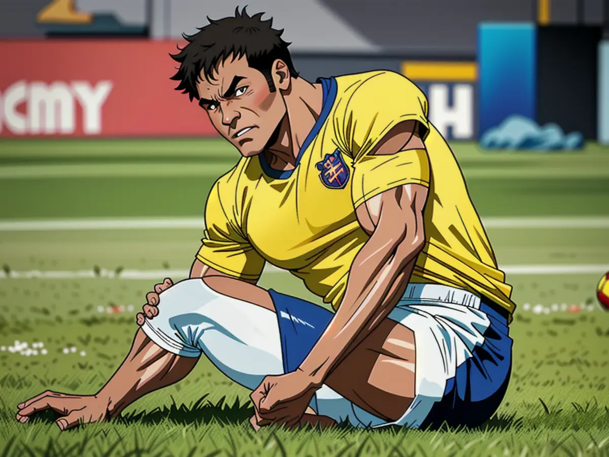 Il campione di calcio Neymar stringe la sua caviglia post-infortunio in una...